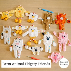 May include: A selection of crocheted farm animal fidget toys in various colours, such as yellow, white, brown, and pink. The toys, including chickens, cows, and pigs, are square-shaped with arms and legs. The text "Farm Animal Fidgety Friends" is visible.