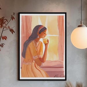 Indian Woman Drinking Chai | Desi Art | Indian Art | Desi Woman Drinking Coffee Art | Chai Lover | South Asian Print