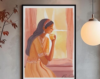 Indian Woman Drinking Chai | Desi Art | Indian Art | Desi Woman Drinking Coffee Art | Chai Lover | South Asian Print