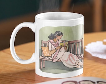 Indian Reading Book Mug | Desi Art | Indian Art | Woman Reading Book Art | Book Lover | South Asian Print