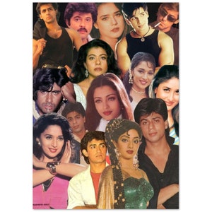 Póster vintage de Bollywood / Collage de actores de Bollywood de los años 90 / Póster de película india retro / Arte mural desi / Decoración vintage de Bollywood / Regalos bonitos