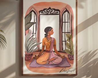 Yoga pose art print | Boho yoga artwork | Mantra poster | Yoga Illustration | Yoga wall art | Desi Brown Indian Girl Yoga