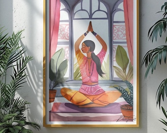 Yoga pose art print | Boho yoga artwork | Mantra poster | Yoga Illustration | Yoga wall art | Desi Brown Indian Girl Yoga