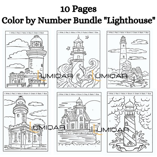Color by Number Bundle, Paint Lighthouse Set for adults, Colour Kit for Relaxation and Stress Relief, instant download, printable, pdf, png