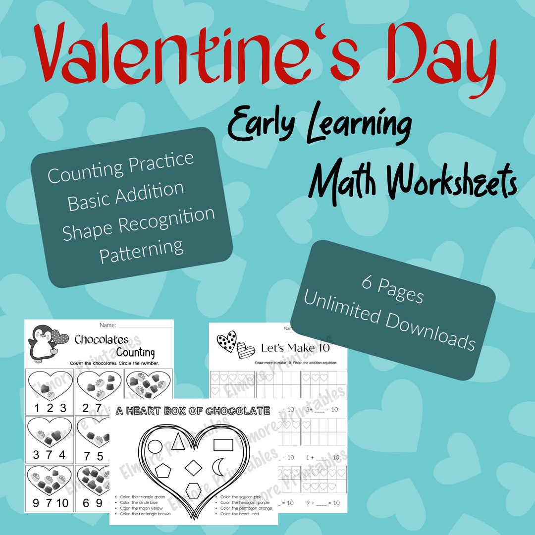 Math Worksheets Valentine Math Printable Preschool Worksheet Kindergarten Worksheet Etsy