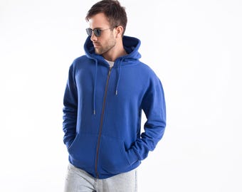 Men's Royal Blue Zip-Up Hoodie: Cotton Blend