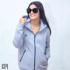 Women Grey Zipup Hoodie With Embroidered Logo • Warm Thick Cotton Grey Hoodie for Her • Mom&#39;s Day Hoodie. Plain Hoodie .Hoodie for girl