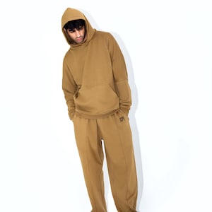 Cedar Brown Cotton Fleece Tracksuit: Relaxed Fit Sweatsuit with Floral Art