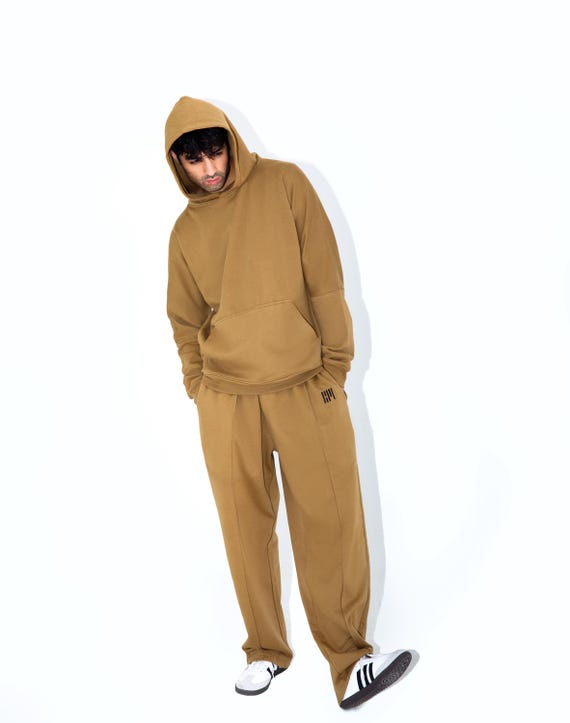 Cedar Brown Plain Cotton Fleece Tracksuit: Relaxed Fit Sweatsuit