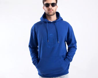 Koningsblauwe trui met capuchon met borduursel: katoenmix herenhoodie