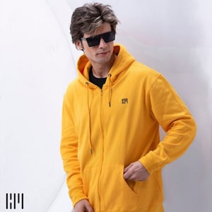 Premium Yellow Cotton Men&#39;s Zip-Up Hoodie  • Yellow Plain Hoodie for Father • Birthday or Winter Gift for Him • Christmas Gift