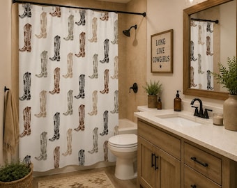 Western Cowboy Boot Shower Curtain | Neutral Western Bathroom Decor | Ranch House Shower Curtain | Farmhouse Western Bath Decor