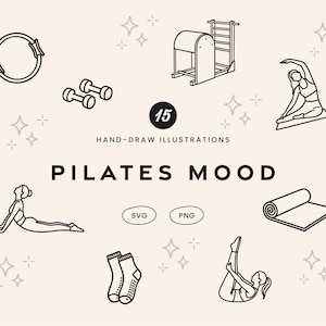 Könnte beinhalten: Eine Sammlung von 15 schwarzen Strichzeichnungen mit dem Titel PILATES MOOD, die einen Pilates-Ring, Hanteln, einen Reformer, eine Yogamatte, Grip-Socken und Figuren bei verschiedenen Übungen zeigen, akzentuiert mit kleinen Sternsymbolen.