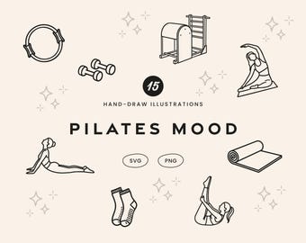 15 minimalistycznych rysunków w stylu Pilates, ręcznie rysowane wzory Pilates (PNG SVG)