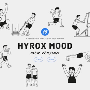 May include: A collection of 15 black and white hand-drawn illustrations titled HYROX MOOD MEN VERSION, featuring various athletic poses including lunging, pushing a sled, carrying a sandbag, doing push-ups, and celebrating with a medal.