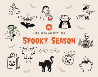 40 minimalistycznych, upiornych, kreskówkowych klipartów na Halloween, ręcznie rysowane ikony Halloween (PNG SVG)