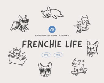 15 minimalistycznych rysunków liniowych Frenchie Life, ręcznie rysowane ikony buldoga francuskiego (PNG SVG)