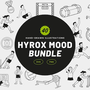 Puede incluir: Una colección de 40 ilustraciones dibujadas a mano en blanco y negro que muestran a personas realizando diversos ejercicios de fitness, equipos de gimnasio y elementos de carrera. El círculo negro central muestra el texto 40 HAND-DRAWN ILLUSTRATIONS HYROX MOOD BUNDLE SVG PNG.