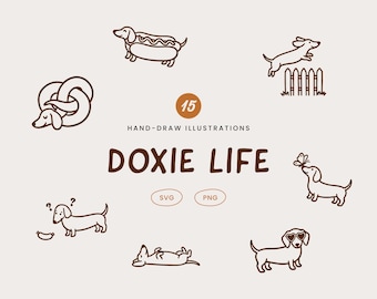 15 minimalistycznych rysunków Doxie Life, ręcznie rysowany jamnik (PNG SVG)