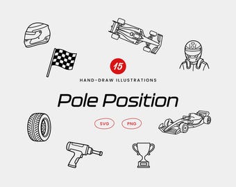 15 minimalistycznych, liniowych grafik przedstawiających pole position, ręcznie rysowane ikony sportów motorowych (PNG SVG)