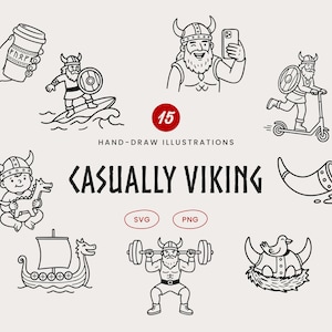 Könnte beinhalten: Eine Sammlung von schwarz-weißen Strichzeichnungen mit dem Titel CASUALLY VIKING. Das Set zeigt einen Wikinger beim Surfen, beim Selfie machen, auf einem Roller, beim Gewichtheben, ein Wikingerschiff, ein Trinkhorn, ein Baby mit Drachen und einen Vogel.