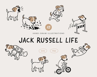 15 minimalistycznych rysunków Jack Russell Life, ręcznie rysowany pies (PNG SVG)