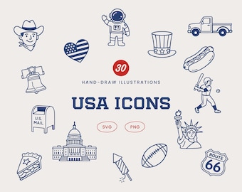 30 minimalistycznych ikon USA w formie grafiki liniowej, ręcznie rysowane ikony amerykańskie (PNG SVG)