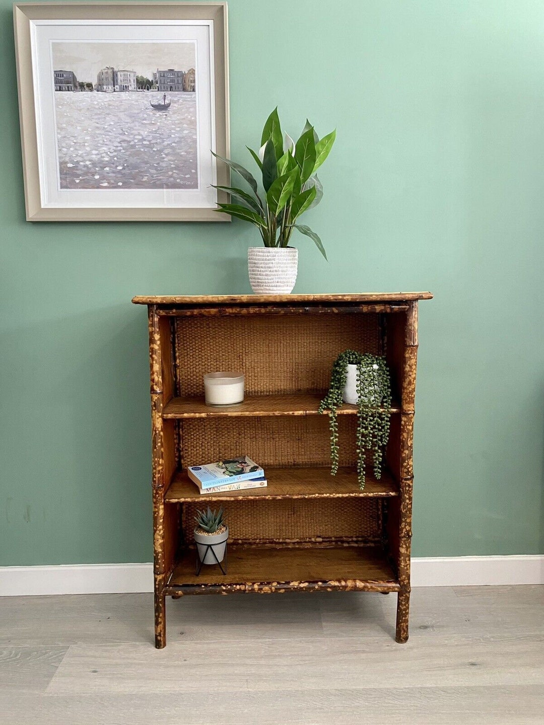 19th Century English Bamboo Bookcase With Seagrass Accents Etsy