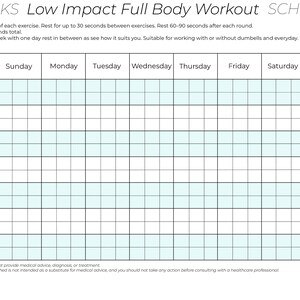 Low Impact Full body workout for beginners. 6 week schedule showing 7 different exercises with images to see which ones they are and how many repetitions and sets to make each week. EASY Special format to record your progress.