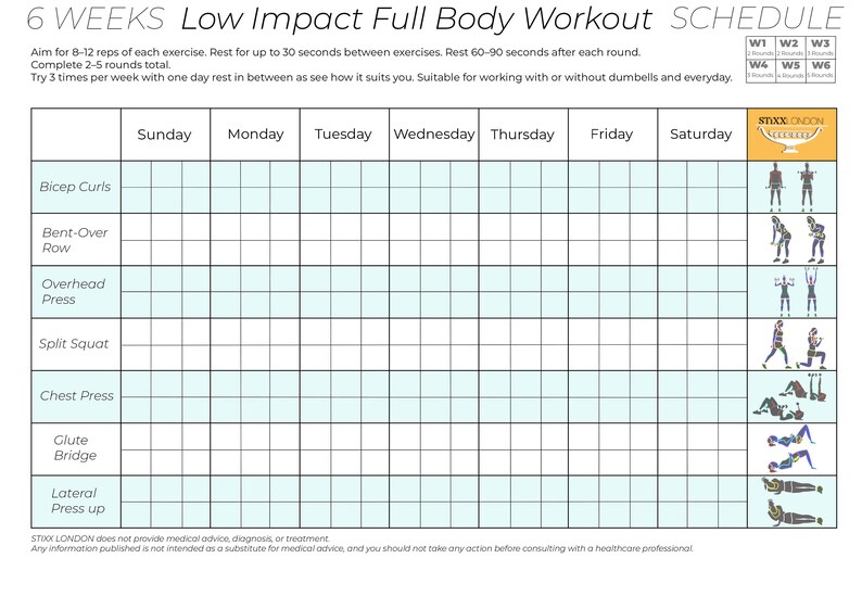 Low Impact Full body workout for beginners. 6 week schedule showing 7 different exercises with images to see which ones they are and how many repetitions and sets to make each week. EASY Special format to record your progress.