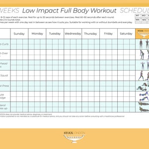 Low Impact Full body workout for beginners. 6 week schedule showing 7 different exercises with images to see which ones they are and how many repetitions and sets to make each week. EASY Special format to record your progress.