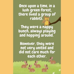Hop Along with me: A Tale of Unity is a delightful children's ebook that follows the adventures of the Hop Family with Mrs Rabbit and her bunnies. This is page one showing the wise owl talking to the little bunnies.