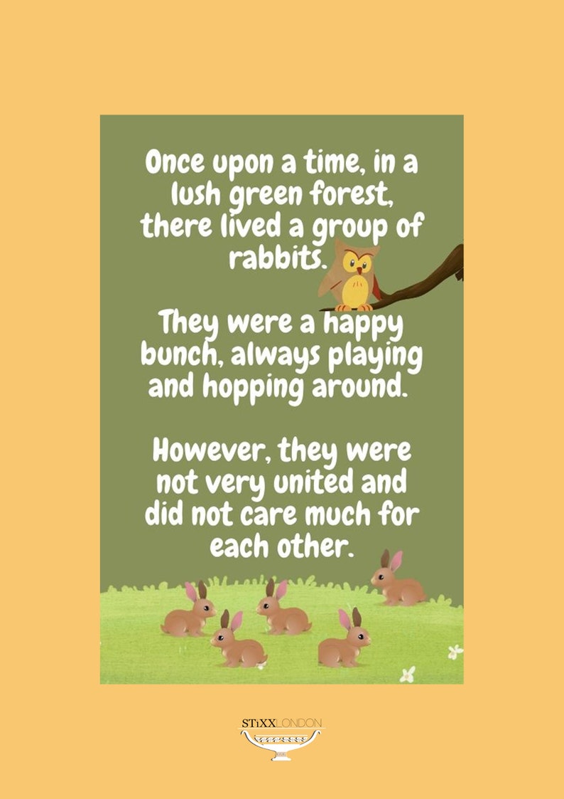 Hop Along with me: A Tale of Unity is a delightful children's ebook that follows the adventures of the Hop Family with Mrs Rabbit and her bunnies. This is page one showing the wise owl talking to the little bunnies.