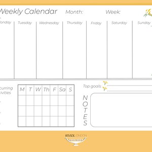 Peut inclure: Un planificateur de calendrier hebdomadaire imprimable avec un motif floral. Le calendrier comprend des sections pour les activités récurrentes, les principaux objectifs et les notes. Les jours de la semaine sont listés en haut, et il y a des espaces pour écrire les heures et les activités.