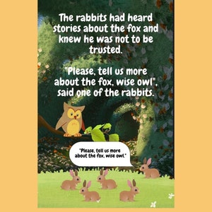 page 5 of the ebook. Here the owl is teaching them a valuable lesson. The image is placed in the enchanted forest. Shows the owl perched on a branch teaching the little rabbits down below on a green patch of grass.