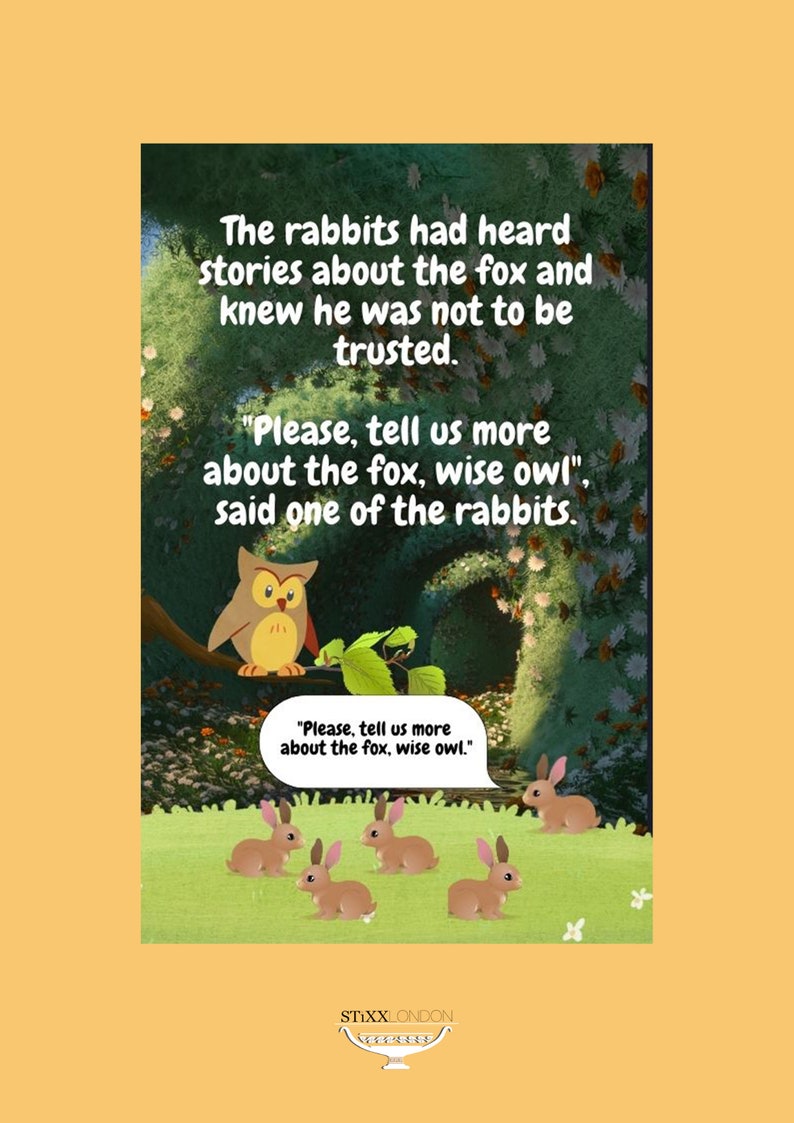 page 5 of the ebook. Here the owl is teaching them a valuable lesson. The image is placed in the enchanted forest. Shows the owl perched on a branch teaching the little rabbits down below on a green patch of grass.