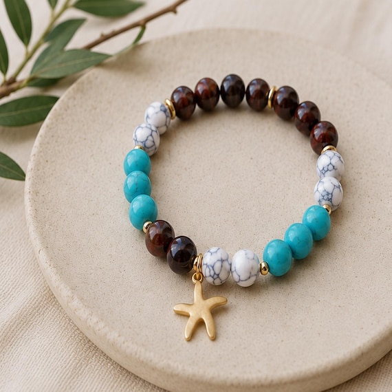 Gold Sea Star Starfish Bracelet - Natural Turquoise White Howlite and Bulls Eye Gemstone Beaded Stretch Jewelry