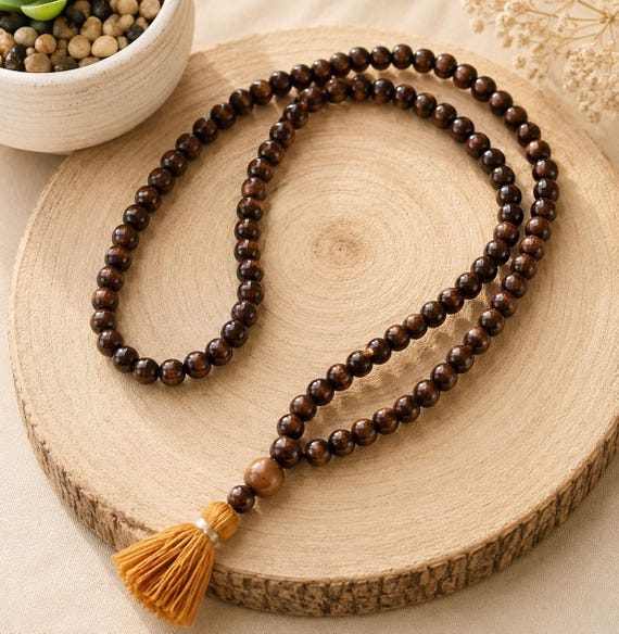 108 Wooden Mala Beads, Natural Wood Japamala, Orange Tassel Prayer Beads, Meditation Necklace, Yoga Gift, Buddhist Rosary, Wood Mala