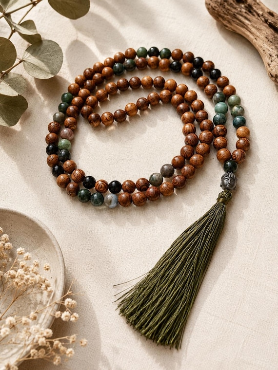 108 Bead Mala Necklace, Onyx and Indian Agate, Wooden Japa Mala, Buddhist Prayer Beads, Green Silk Tassel