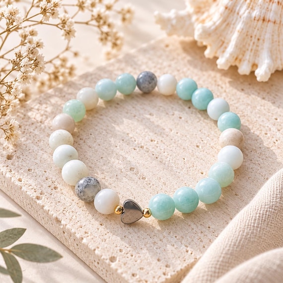 Amazonite Heart Bracelet, Natural Stone Stretch Bracelet, Healing Crystal Jewelry, Gemstone Bracelet, Gift for Her, Calming Energy Jewelry