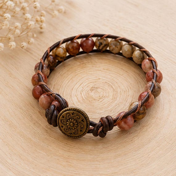 Dainty Leather Wrapped Gemstone Bracelet, Fine Healing Stones Button Cuff, Soft Beaded Wrap Jewelry, Minimalist Artisan Gift Men Women