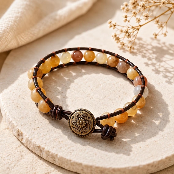 Boho Wrapped Leather Bracelet - Natural Crystal Healing Stones Beaded Cuff, Unisex Spiritual Wrist Wrap, Handmade Gift for Bead Lovers