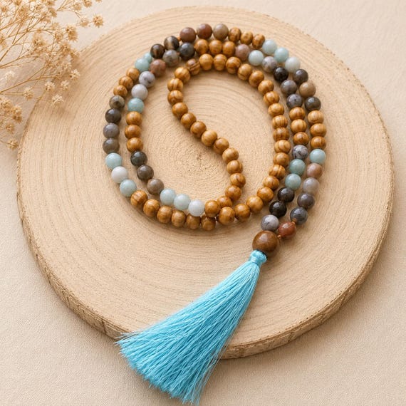 108 Mala Beads Amazonite, Seastone and Wood Japamala, Blue Tassel Prayer Beads, Meditation Necklace, Yoga Gift, Buddhist Rosary