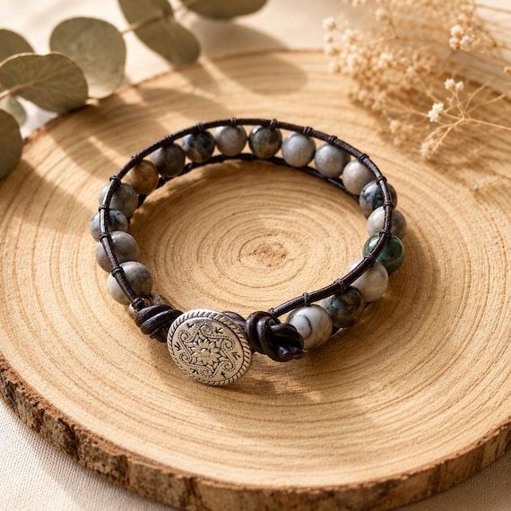 Earthy Leather Wrapped Gemstone Bracelet, Natural Healing Stones Button Cuff, Rugged Beaded Wrap Jewelry, Nature Inspired Gift Men Women