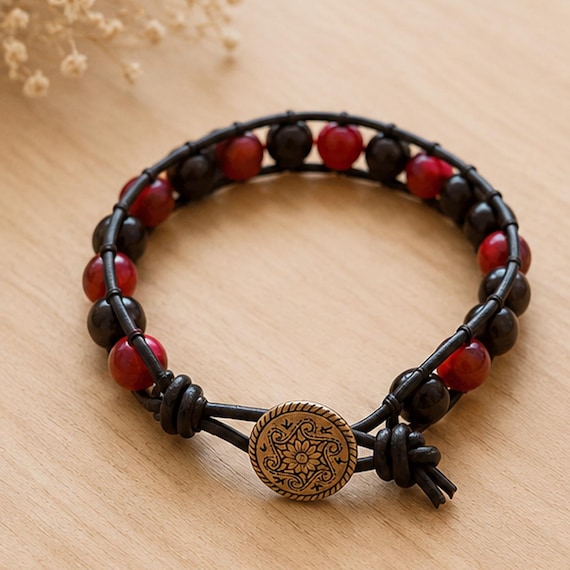 Leather Wrapped Gemstone Bracelet with Button Clasp, Natural Healing Stones Boho Cuff, Adjustable Leather Beaded Wrap Bracelet, Unisex Gift