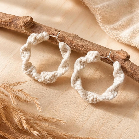 Macrame Hoop Earrings, Boho Earrings, Handmade Fiber Art Earrings, Bohemian Jewelry, Natural Earrings
