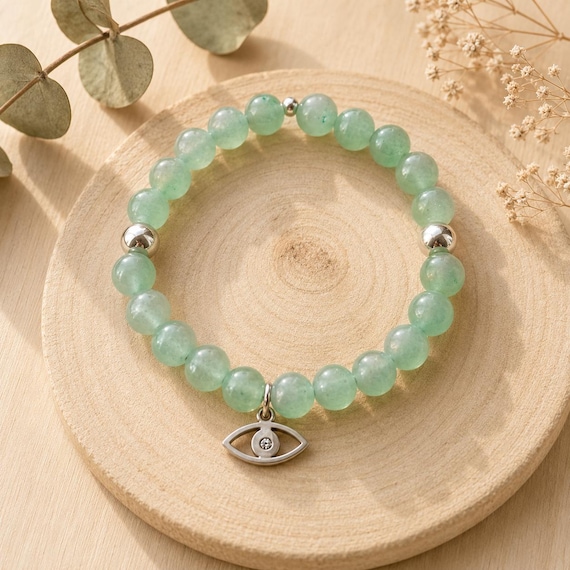 Evil Eye Aventurine Bracelet - Natural Green Gemstone Beaded Stretch Jewelry, Spiritual Protection Talisman, Green aventurine bracelet
