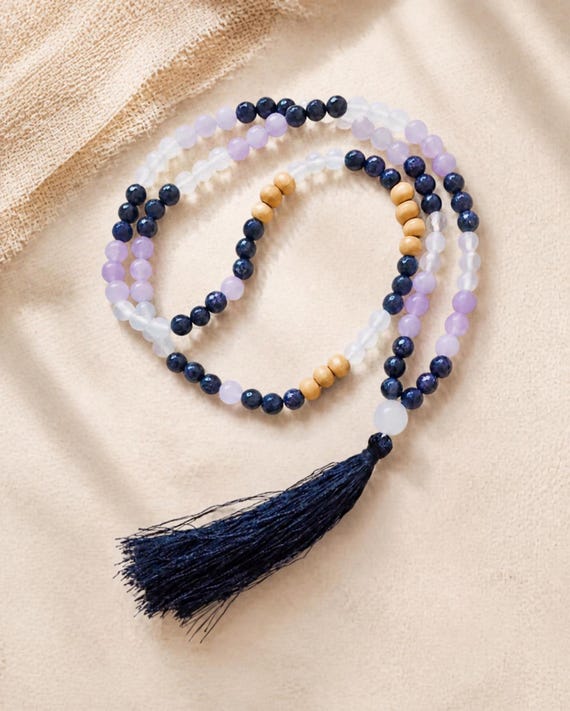 108 Bead Mala Necklace with Natural Stones & Wood | White Quartz, Star Stone and Lavender | Meditation Mala | Boho Spiritual Jewelry