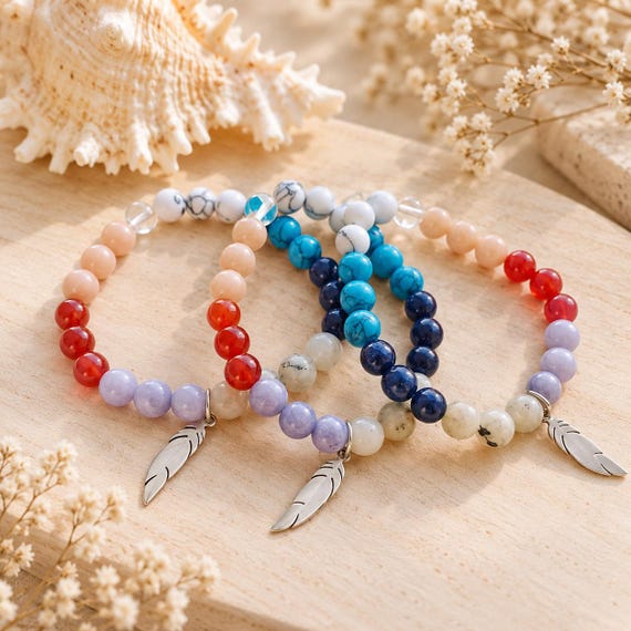 Boho Feather Charm Bracelet | Stainless Steel & Crystal Beaded Jewelry | Spiritual Gift for Her