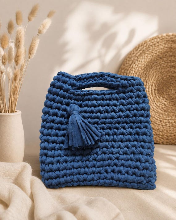 Handmade Blue Crochet Bag - Premium T-Shirt Yarn Purse - Handcrafted Knit Shoulder Tote